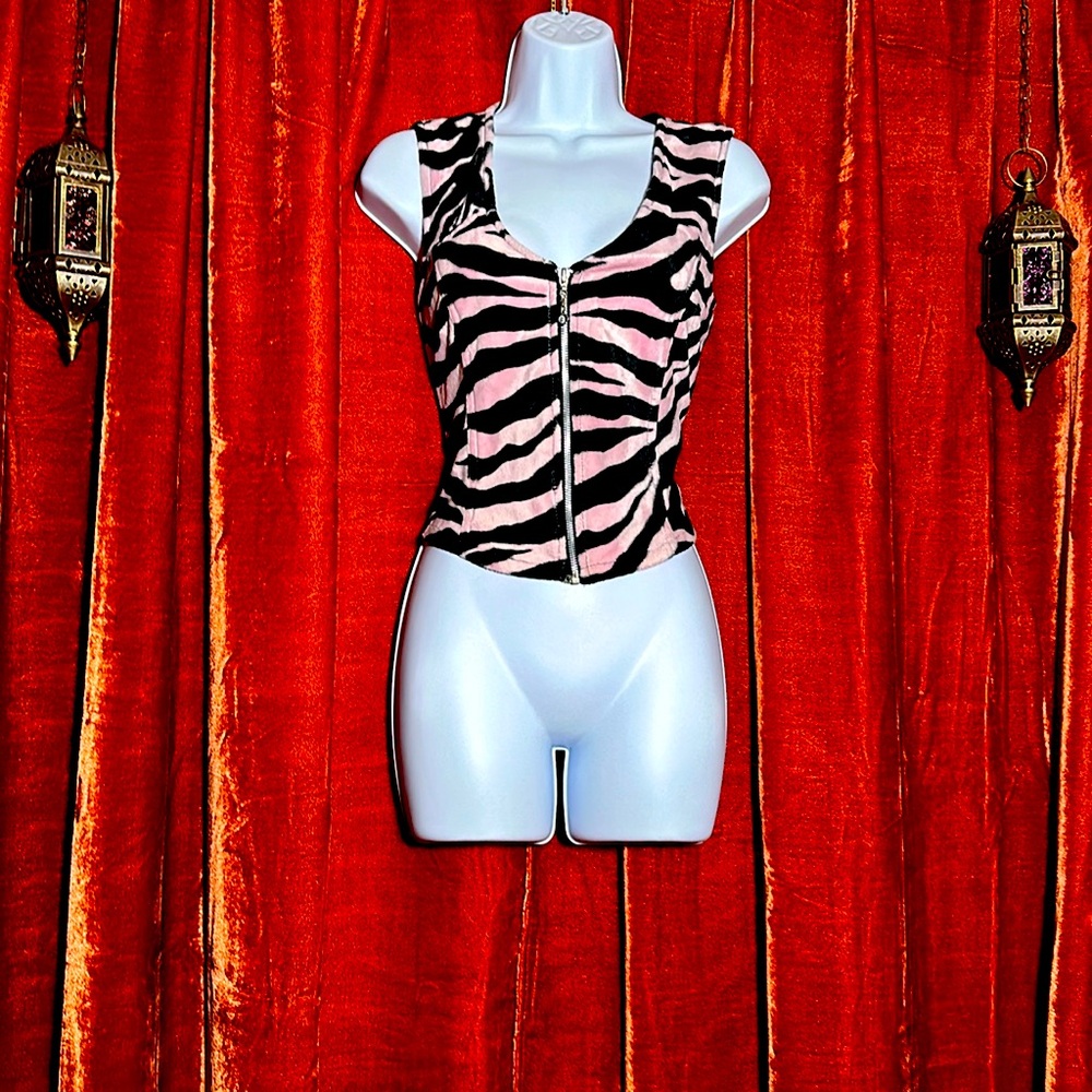Pink and back tiger print pinup fur top.90’s era vintage Lip Service brand 17.5”